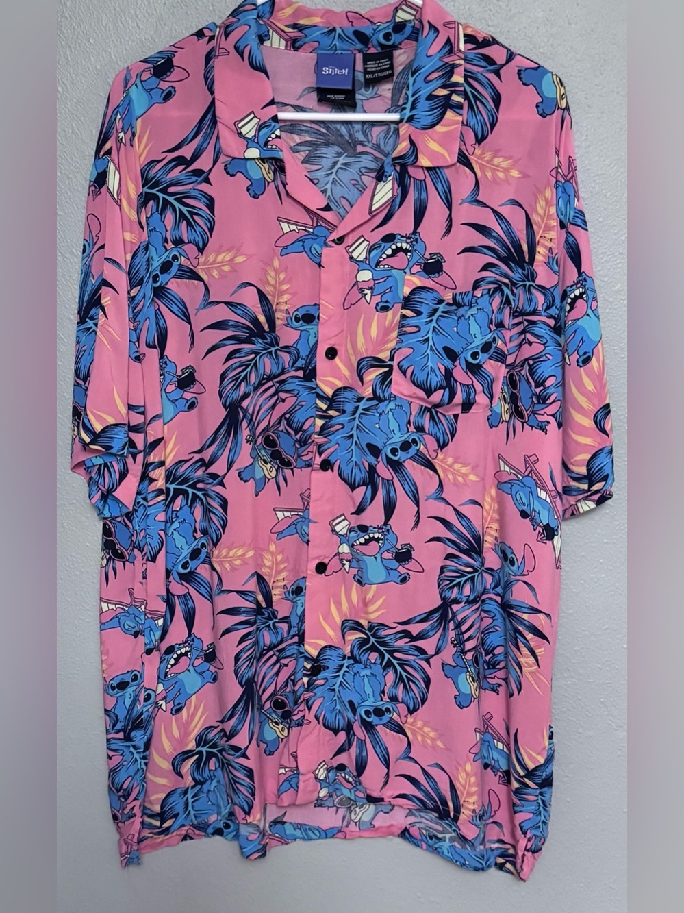 Disney Coral Hawaiian Button-Down Shirt with Overall “Stitch” Character Print